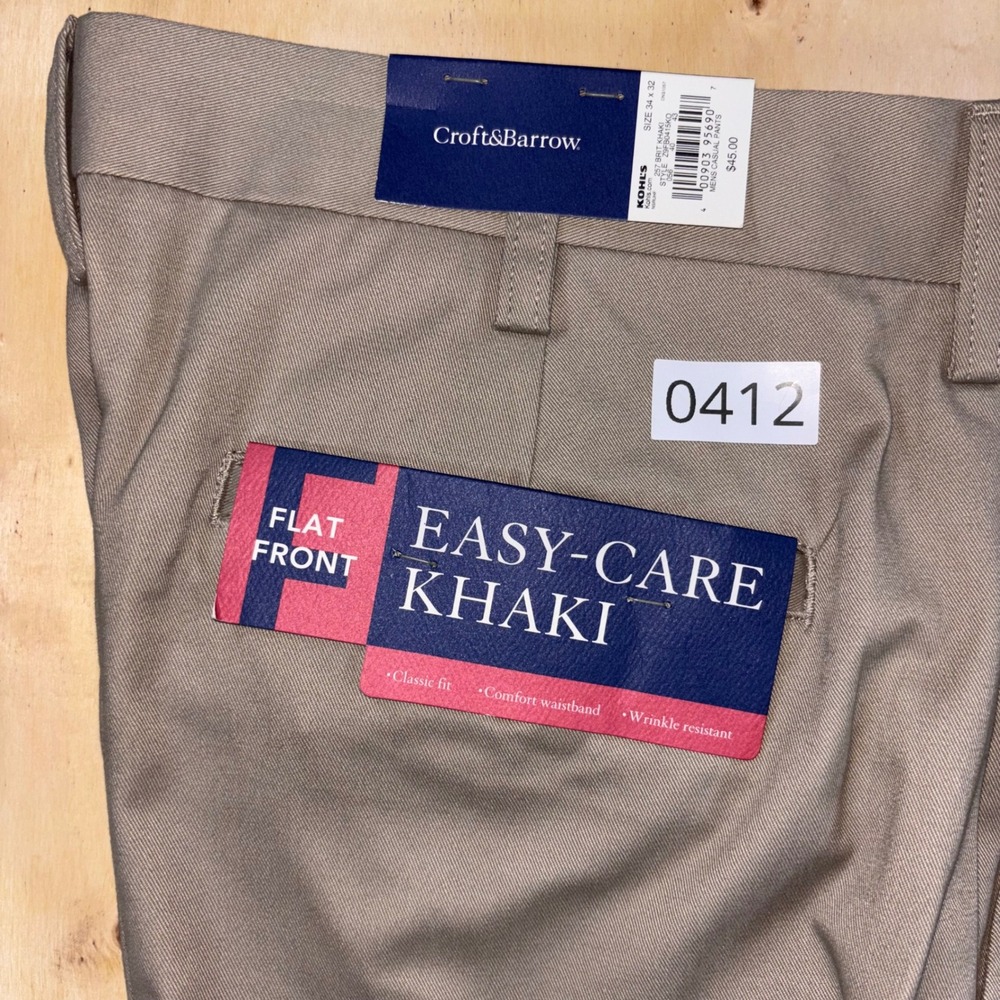 Croft & Barrow Mens 34x32 British Khaki Easy Care Flat Front Pants NWT